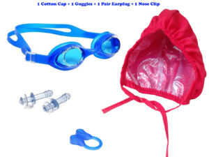 Semi-Cotton Water Resistant Swimming Cap Color- Red and Non Fogging, Anti UV Swimming Goggles with Free Earplug and Nose-Clip, Color- Assorted