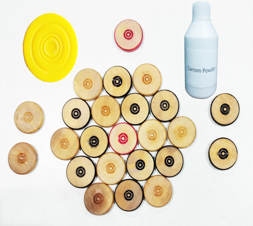 wooden carrom coin with carrom striker